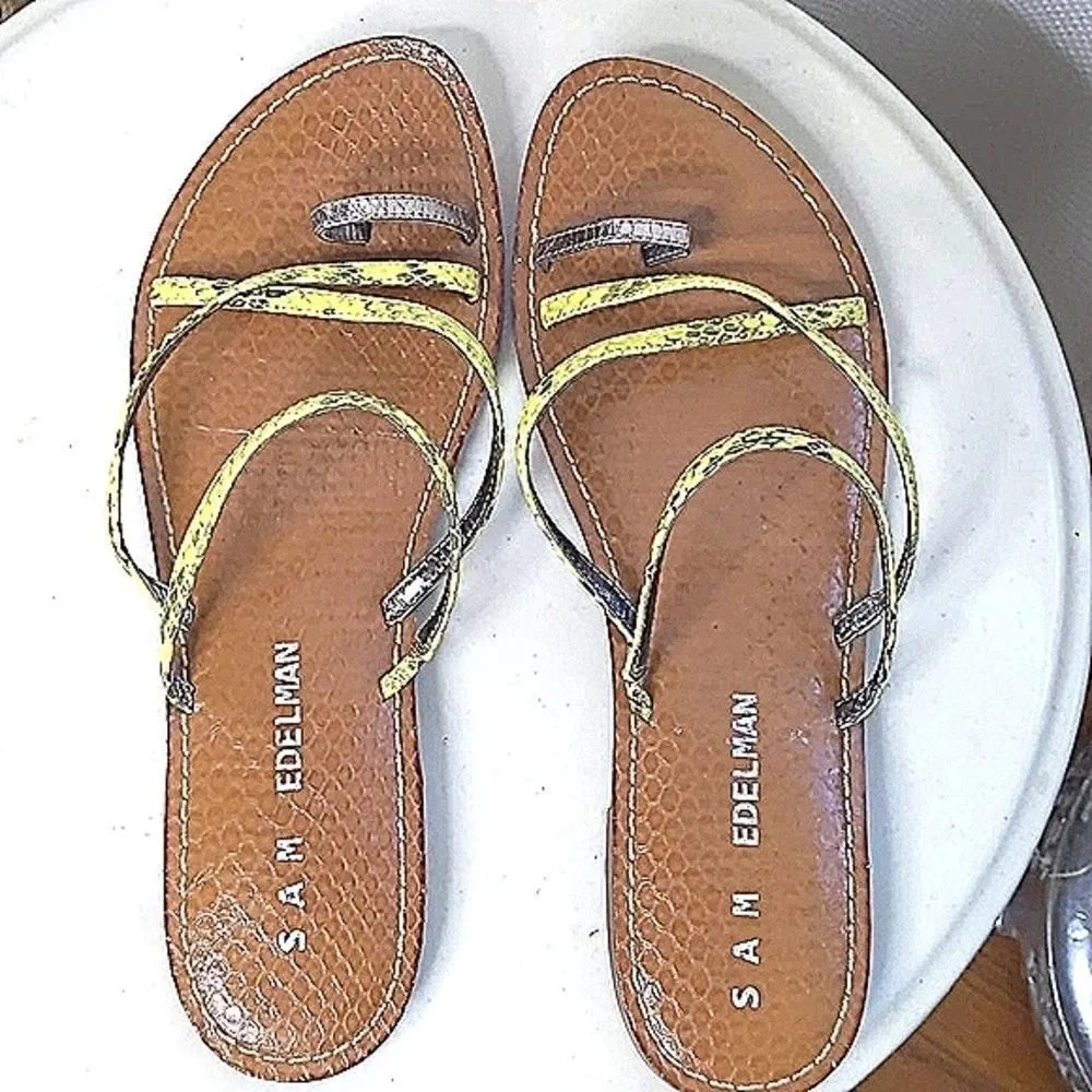 Sam Edelman Yellow Snakeskin Toe Ring Flat Sandals size 10
